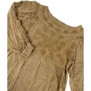 Solitaire Tan Embroidered Boho Babydoll Tunic Top Long Sleeve Rayon Indy Western